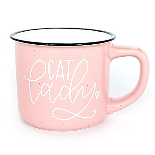 Oversized Light Pink & Black Stoneware Cat Lady Coffee Mug, 15oz