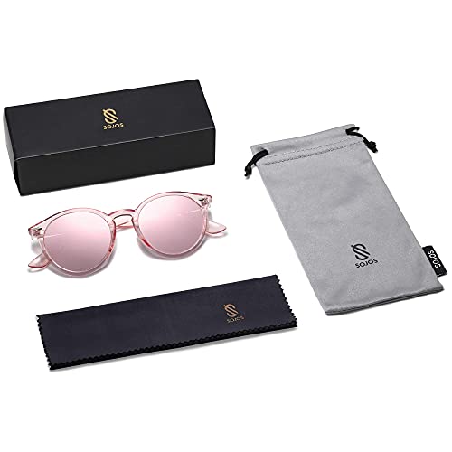 SOJOS Retro Round Polarized Sunglasses for Women Men Circle Frame UV400 Lenses SJ2069, Clear Pink/Pink Mirrored