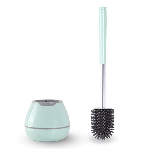 BOOMJOY Toilet Brush with Holder, Silicone Toilet Bowl Brush with Tweezers for Bathroom, RV- Green/Aqua