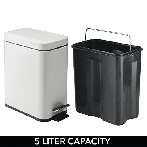 mDesign Small Modern 1.3 Gallon Rectangle Metal Lidded Step Trash Can, Compact Garbage Bin with Removable Liner Bucket and Handle for Bathroom, Kitchen, Craft Room, Office, Garage - Light Gray