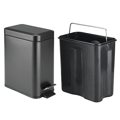 mDesign Small Modern 1.3 Gallon Rectangle Metal Lidded Step Trash Can, Compact Garbage Bin with Removable Liner Bucket and Handle for Bathroom, Kitchen, Craft Room, Office, Garage - Black