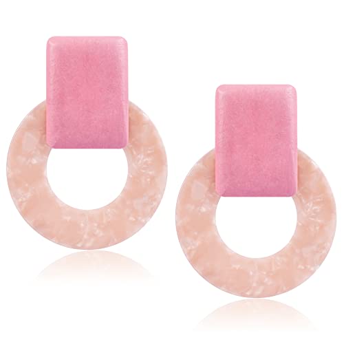 Acrylic Geometric Statement Earrings - Mottled Resin Lightweight Dangle Earrings for Party or Vacation (PINK)