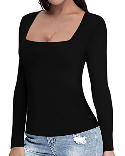 MANGOPOP Womens Short Sleeve/Long Sleeve Square Neck T Shirts Tops Tees (B Long Sleeve Black, Medium)