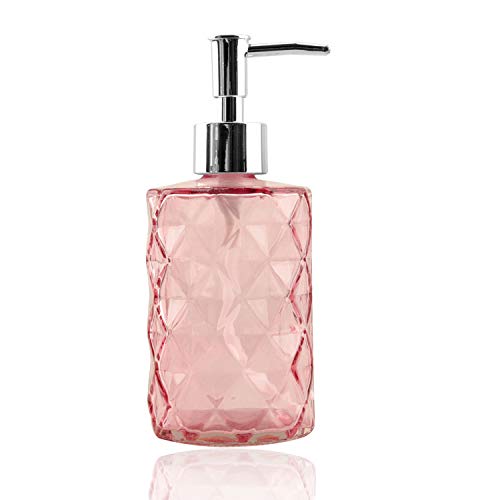Glass Soap Dispenser,Crystal Refillable Wash Hand Liquid Clear Glass Bottle with Pump for Essential Oils, Lotions, Liquid Soaps,Dish Detergent (12 OZ Pink)
