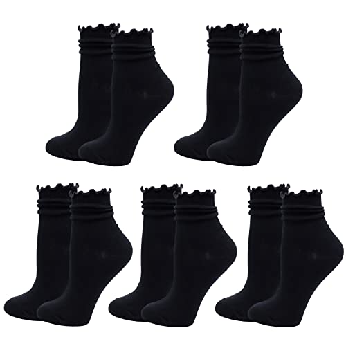 Bellady Cute Ruffle Socks for Women, Funny Cotton Crew Socks, Frilly Ankle Socks Women 5 Pairs, Black