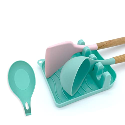 LSVGOE 2 Pack Multiple Utensil Spoon Rest with Drip Pad Non-Slip Heat Resistant Kitchen and Grill Spoon Holder for Spatula, Ladle, Tongs, Kitchen Gadgets, and Cooking Accessories (Lake Green)
