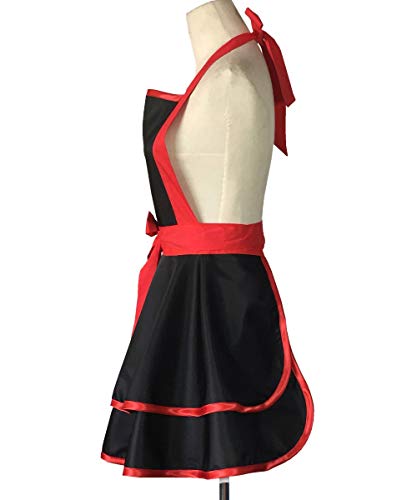 Hyzrz Lovely Handmade Cotton Retro Black Aprons for Women Girls Cake Kitchen Cook Apron for Mother's Gift (Red)