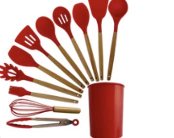Kitchen Cooking Utensils Set 12 Pieces Silicone Wooden Handle High Heat Resistance Premium Silicone Kitchen Gadgets Spatula Set with Holder BPA Free (RED)