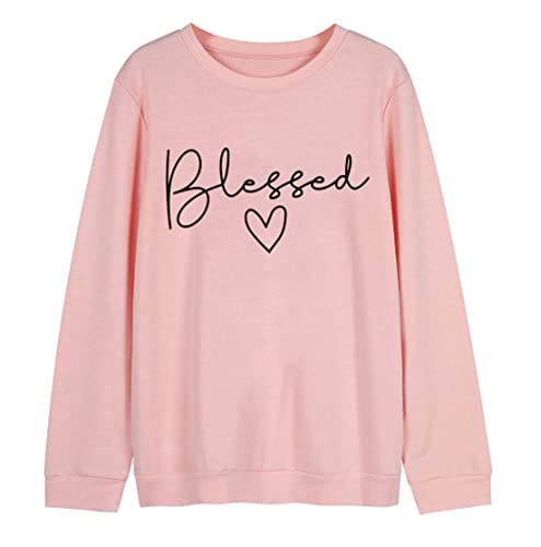 Blessed Sweatshirt for Women Letter Print Lightweight Thanksgiving Pullover Tops Blouse (Pink, Small)
