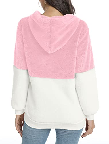 LONGYUAN Womens Sherpa Long Sleeve Sweatshirt Soft Warm Fleece Sweaters Hoodies Zipped Up Teddy Coat L Deep Pink White