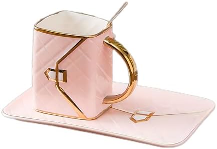 LmlJoo Creative and Adorable Handbag-Shaped Mug with Saucer Cup and Golden Spoon for Enjoying Tea, Juice, Milk, Hot Chocolate or Cappuccino (Pink)