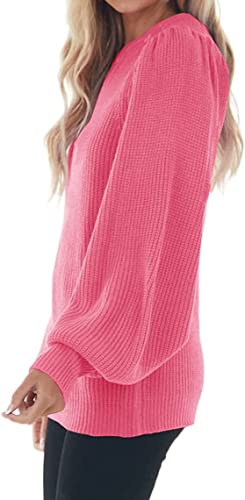 MaQiYa Women's Puff Long Sleeve Sweaters Oversized Crewneck Casual Fall Chunky Knit Loose Fit Pullover Sweater Tops Pink