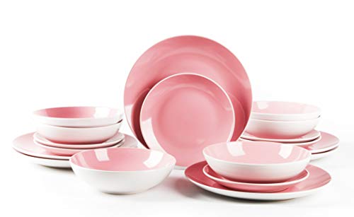 HomeVss, Stoneware Coupe Shape 18pc Dinnerware Set, Outside White + Inside Pink