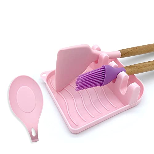 LSVGOE 2 Pack Multiple Utensil Spoon Rest with Drip Pad Non-Slip Heat Resistant Kitchen and Grill Spoon Holder for Spatula, Ladle, Tongs, Kitchen Gadgets, and Cooking Accessories (Cute Pink)