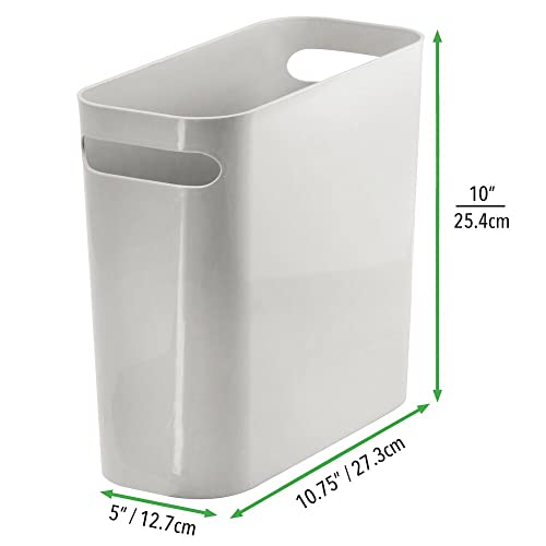 mDesign Plastic Small Trash Can, 1.5 Gallon/5.7-Liter Wastebasket, Narrow Garbage Bin with Handles for Bathroom, Laundry, Home Office - Holds Waste, Recycling, 10" High - Aura Collection, Light Gray