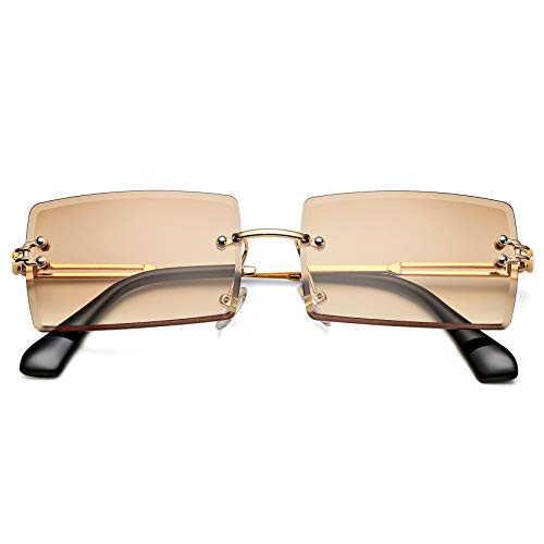 Rectangle Sunglasses for Men/Women Small Rimless Square Shade Eyewear (Tea)