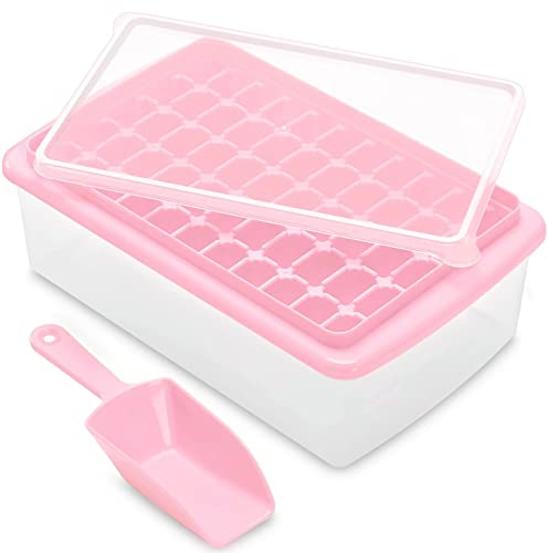 Pink Ice Cube Tray Lid and Storage Bin for Freezer, Easy Release 55 Mini Ice Cubes Tray with Cover Container, Scoop. Small Cubes for Iced Coffee Drinks Cocktails and Ice Crushers, BPA Free