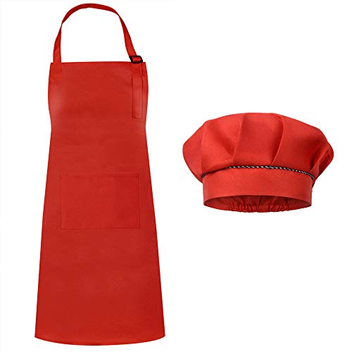 SUNLAND Kids Apron and Hat Set Children Chef Apron for Cooking Baking Painting (Red, S)