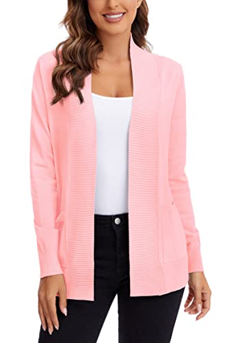 Urban CoCo Women's Lightweight Open Front Knit Cardigan Sweater Long Sleeve with Pocket (Pink, M)