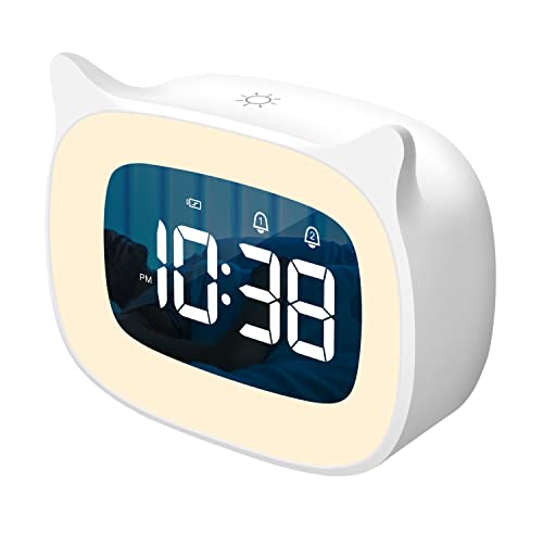 SMOUPING Kids Alarm Clock with Night Light Stepless Dimming,Cute Cat Ear Digital Clock for Boys and Girls,5 Minute Alarm,Ok to Wake Up Children(White)