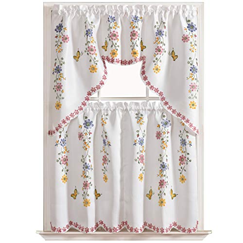 3pcs Kitchen Cafe Curtain Set, Flowers & Butterflies - Pink and Caboodle