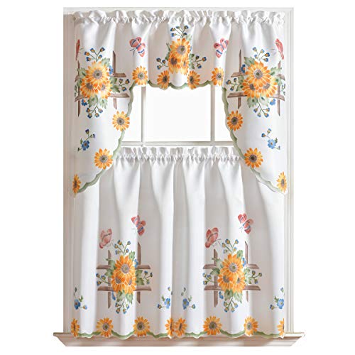 3pcs Kitchen Cafe Curtain Set, Sunflowers & Butterflies - Pink and Caboodle