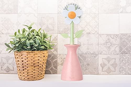 Vigar Florganic Dish Brush with Vase, Eco-Friendly, Daisy-Shaped Dish Brush and Holder, Pink