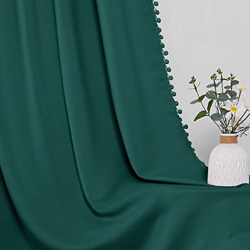 StangH Dark Green Pompom Blackout Curtains, Thermal Insulated Light Blocking Window Drapes for Nursery Kids, Christmas Backdrops for Birthday Party, W52 x L63, 2 Panels