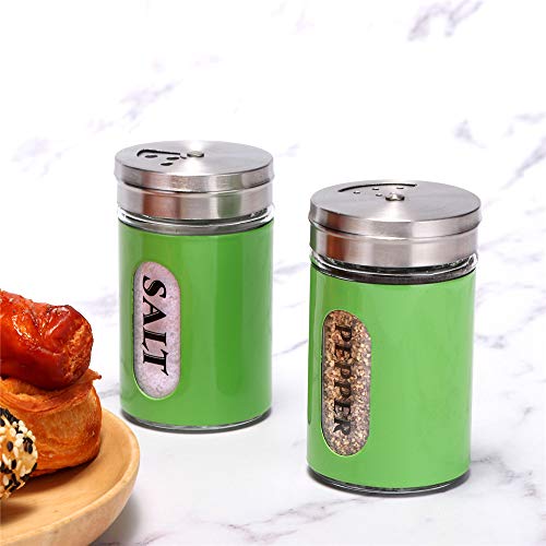 YEEPHENYEEVEE Salt and Pepper Shakers Stainless Steel and Glass Set with Adjustable Pour Holes (Green)