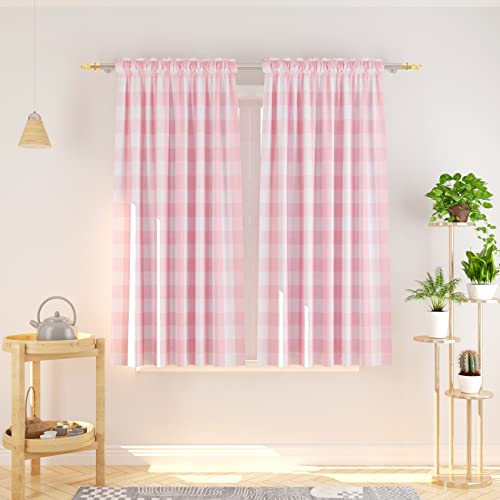 NATUS WEAVER Buffalo Check Curtains 45 inches Long Cotton Basement Pink and White Gingham Plaid Kitchen Window Curtain Panels Living Room Checker Drapes Bedroom Rod Pocket Window Treatment 2 Panels