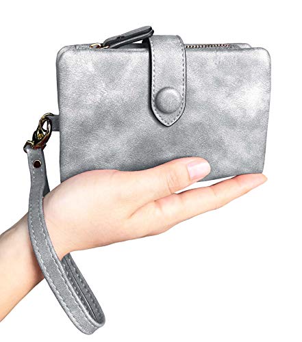 Womens Small Bifold Leather Wallets Rfid Ladies Wristlet with Card slots id window Zipper Coin Purse (Gray)