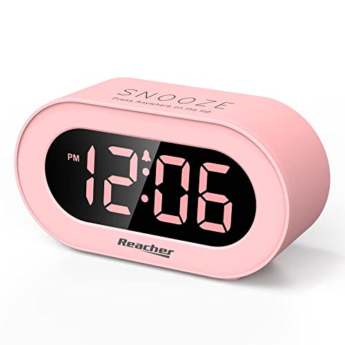 Reacher Pink Girls Alarm Clock for Kids'Bedroom Decor , Dimmable LED Digital Display, Outlet Powered, Adjustable Volume, Simple to Use, Snooze, Small Size for Bedroom, Desk, Toddler