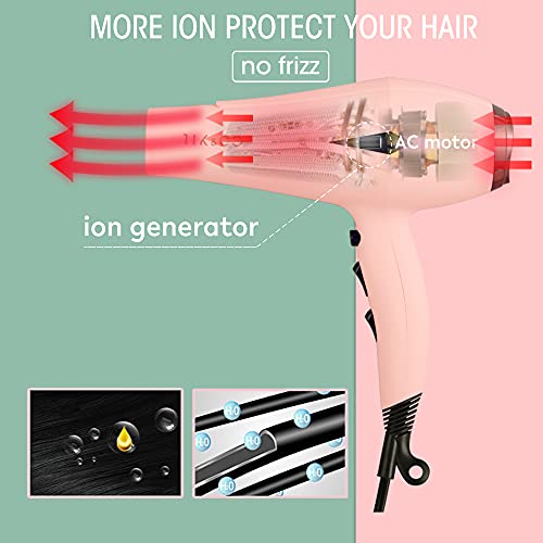 Hair Dryer Blow Dryer with Diffuser Brush Comb Attachments Powerful AC Motor for 3c Thick Hair Curly Women Professional Salon Best Hair Dryer(Pink)