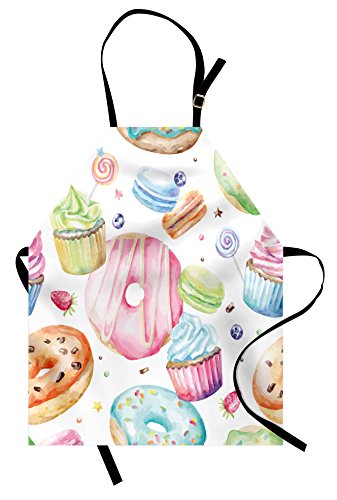 Lunarable Sweets Apron, Delicious Macaron Cupcakes Donuts Muffins Sugar Tasty Yummy Watercolor Design Print, Unisex Kitchen Bib with Adjustable Neck for Cooking Gardening, Adult Size, Green Pink