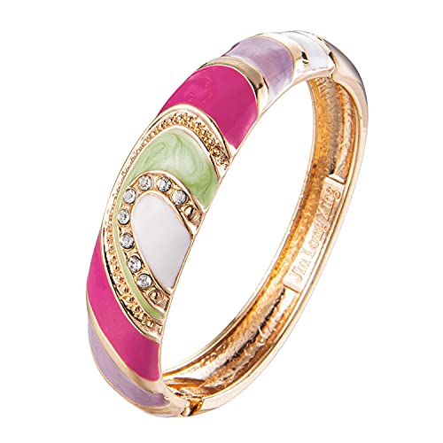 Hot Pink, Green & Gold Cloisonne Beautiful Enamel Hinged Cuff Bracelet