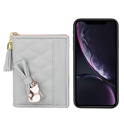 UTO Women PU Leather Small Wallet Cat Pendant Card Phone Holder Zipper Coin Purse Zoey Grey