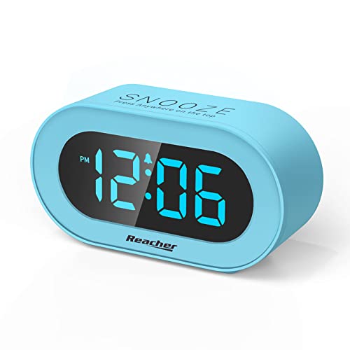 Reacher Kids Blue Alarm Clock with Snooze, Simple to Operate, 0-100% Dimmer, Adjustable Volume, Outlet Powered, Small LED Boys Clock for Bedrooms
