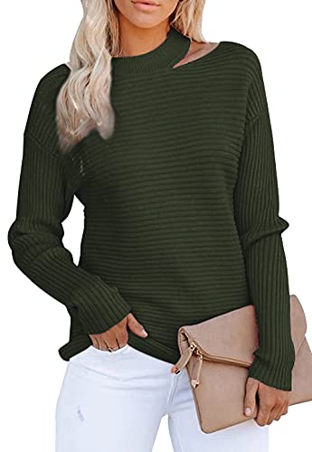 KIRUNDO 2021 Women’s Sweaters Halter Neck Off Shoulder Long Sleeves Knit Sweater Loose Solid Pullovers Tops (Army Green, X-Large)