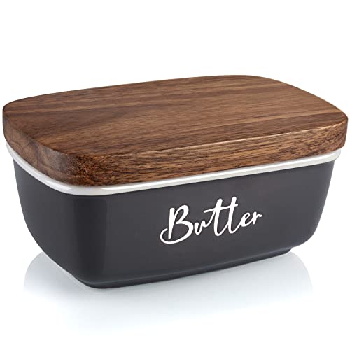 Gray Butter Dish, ALELION Large Ceramic Butter Dish with Lid for Countertop, Butter Container with Acacia Wooden Lid, Modern Country Kitchen Decor and Accessories for Counter, for Kitchen Gifts