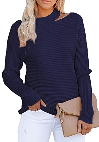 KIRUNDO 2021 Women’s Sweaters Halter Neck Off Shoulder Long Sleeves Knit Sweater Loose Solid Pullovers Tops (Bright Blue, X-Large)