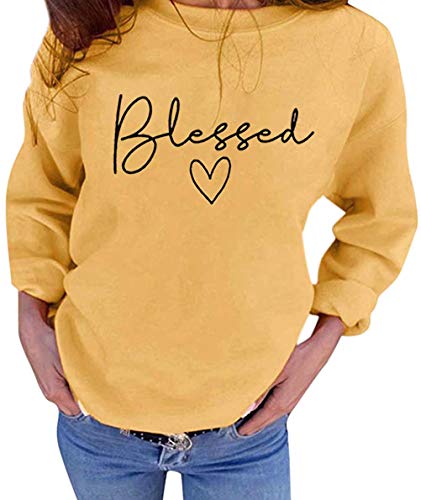 Blessed Sweatshirt for Women Letter Print Lightweight Thanksgiving Pullover Tops Blouse (Yellow, Small)