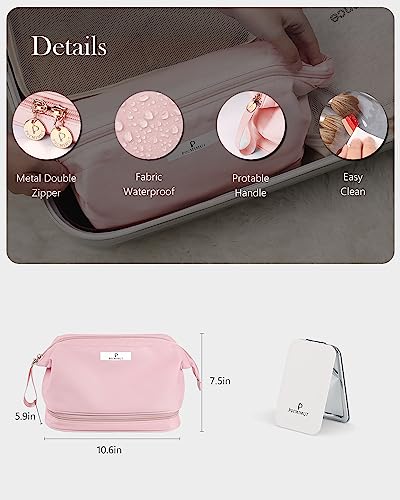 Pocmimut Makeup Bag,Cosmetic Bag for Women Travel Makeup Bag for Girls Large Double Layers Make Up Brush Bags Toiletry Bag for Women(Baby Pink)