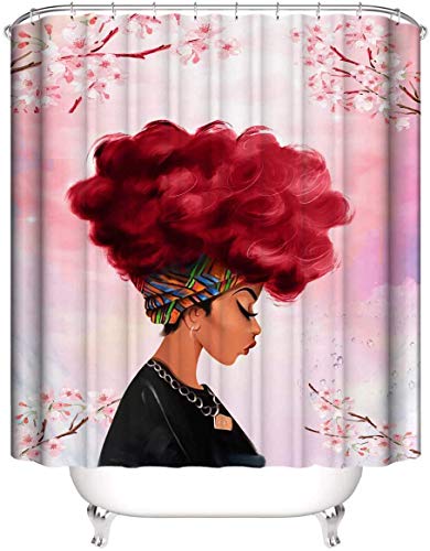 African American Woman Red Roses Headdress Afro Art Shower Curtain Set w/12 Hooks