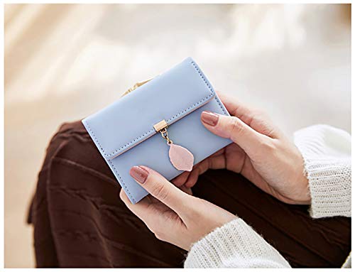 UTO Small Wallet for Women PU Leather Leaf Pendant Card Holder Organizer Coin Cute Purse Light Blue