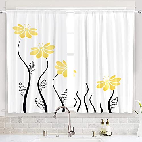 Riyidecor Yellow Flower Kitchen Curtains 55x39 Inch Floral Petals Rod Pocket Leaves Lines Woman Girl White Plant Silhouettes Printed Living Room Bedroom Window Drapes Treatment Fabric 2 Panels WW-TGNA