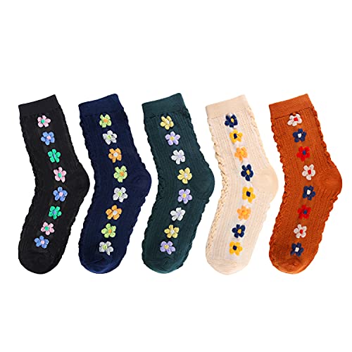 Womens Gils Novelty Funny Funky Crew Socks Colorful Crazy Cute Floral Animal Food Patterned Cotton Dress Socks Gifts，5 Pair Side Sunflower