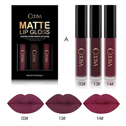 Coosa 3PCS of 3 Colors Madly MATTE Lipstick Non-stick Cup Waterproof Lipgloss-Set A