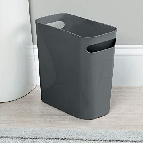 mDesign Plastic Small Trash Can, 1.5 Gallon/5.7-Liter Wastebasket, Narrow Garbage Bin with Handles for Bathroom, Laundry, Home Office - Holds Waste, Recycling, 10" High - Aura Collection, Dark Gray