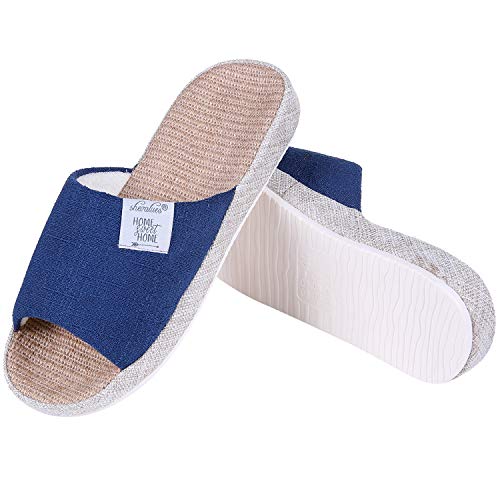Shevalues Summer House Slippers for women Arch Support Linen Indoor Shoes with Home Sweet Home Quotes, Navy 35-36