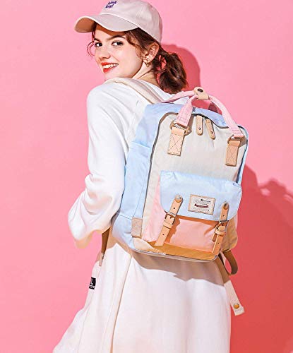 Blue, Beige & Pink Large 14.9-inch Waterproof Vintage Travel Backpack / Laptop Case